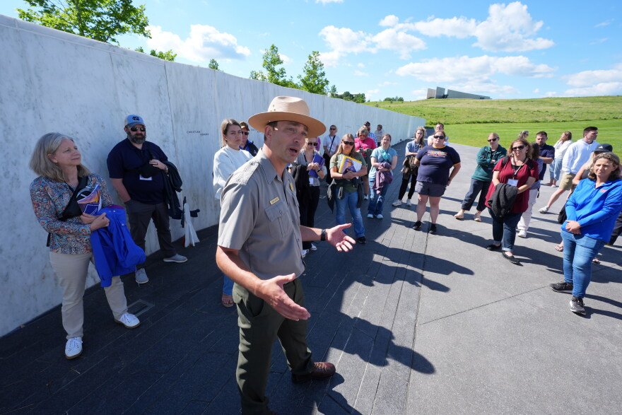 U.S. Park Ranger Adam Shaffer, center, leads a tour for a group of educators at the Flight 93 National Memorial in Shanksville, Pa., Tuesday, June 23, 2026. 