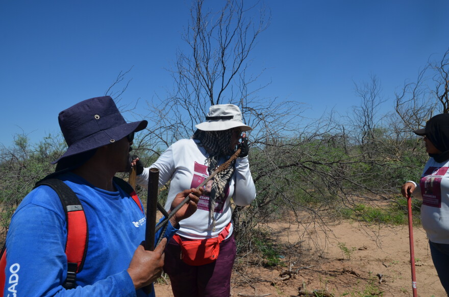 Alicia Salomón smells the end of a sharpened metal rod to check for the smell of decaying remains.