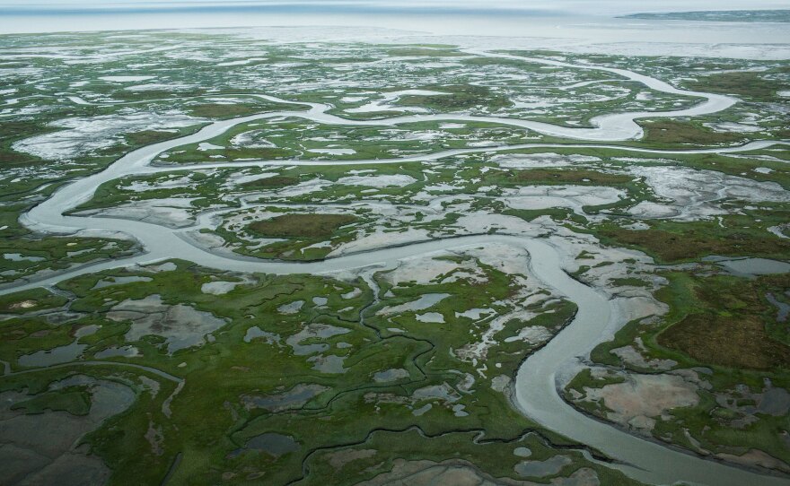 A marshy tundra landscape surrounds Newtok in the warmer months. The increased melting of sea ice is causing the Ninglick River to widen, eroding the riverbank. Larger storms that come in from the Bering Sea further erode the land.