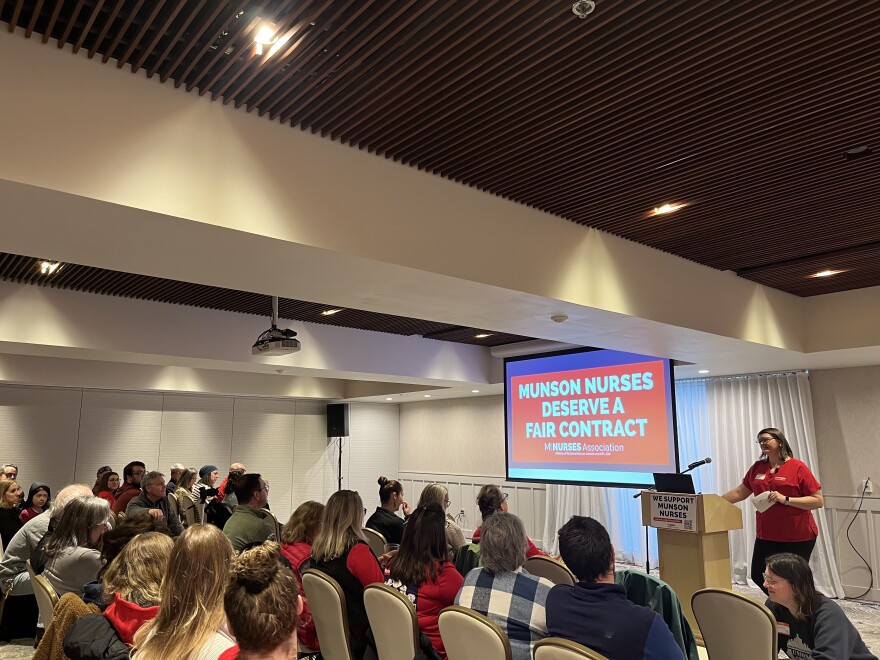Laura Nilsson, president of the Munson nurses' union, speaks to a crowd at the Delamar Hotel on Thursday, March 26, 2026. (Photo: Claire Keenan-Kurgan/IPR News)