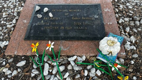 FILE - Tributes lay on a memorial Sept. 26, 2025, for four teenage girls who were killed in a yogurt shop in 1991 in Austin, Texas. (AP Photo/Paul J. Weber, File)