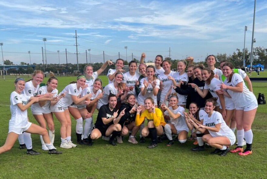 The Michigan State Women’s Club Soccer team poses for a photo after winning 1-0 in overtime in the Sweet Sixteen on November 17, 2023. This was the second season in a row that the team advanced to Nationals in Texas.