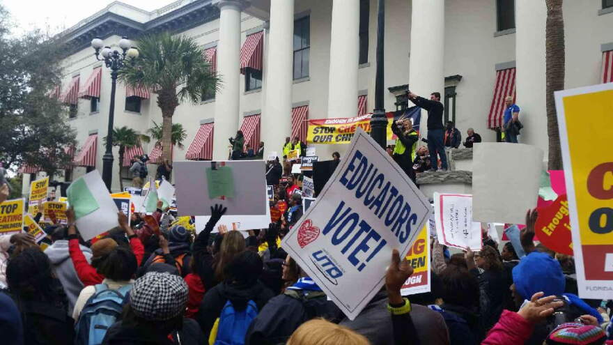 Teachers gather at the state Capitol Jan. 14 to protest Florida's emphasis on high-stakes testing and other education issues. (Photo courtesy of Mary Phillips)