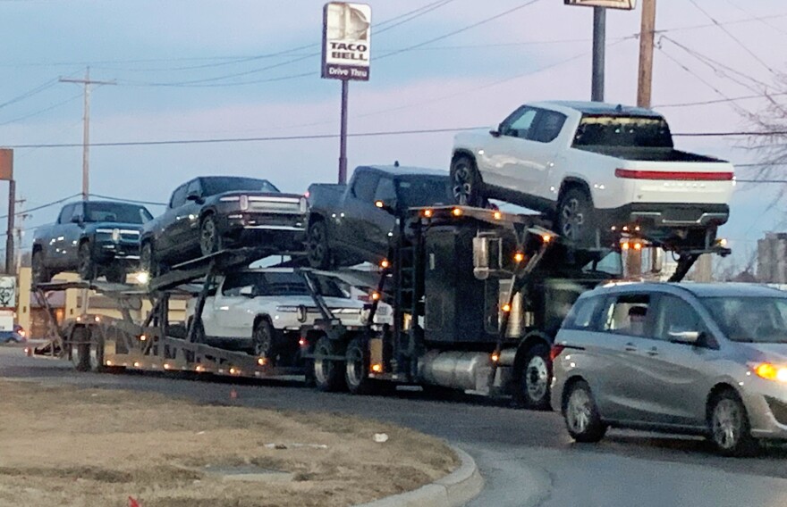 A truckload of Rivian vehicles were spotted on the move Tuesday, March 1, 2022, on West Market Street in Bloomington.