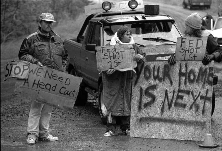 An August 23, 1992, photo of Randy Weaver supporters at Ruby Ridge in northern Idaho.