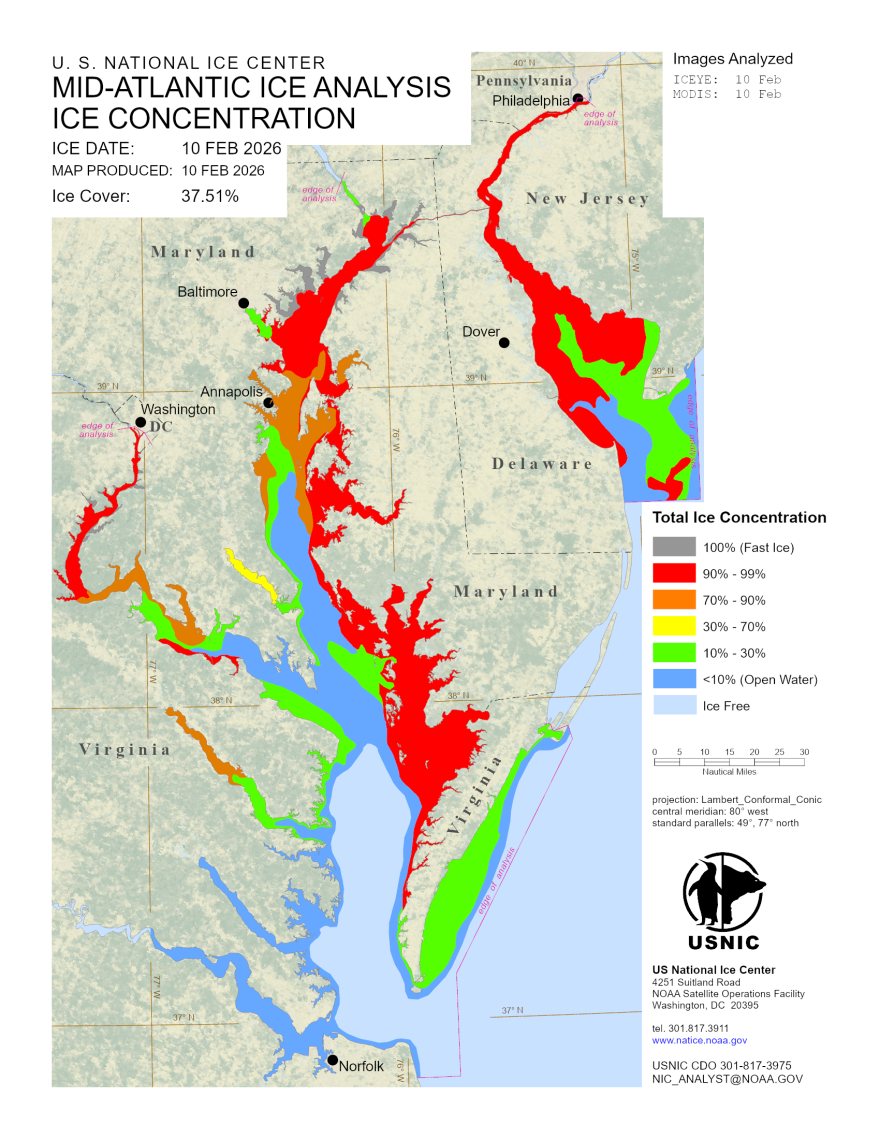 A chart from the U.S. National Ice Center shows the worst of the ice in and around the Chesapeake Bay on February 10.