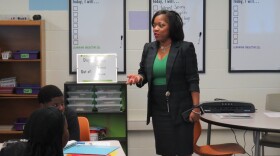 Superintendent Wright tours a classroom at Hughes STEM High School on the first day of the 2023-2024 school year.