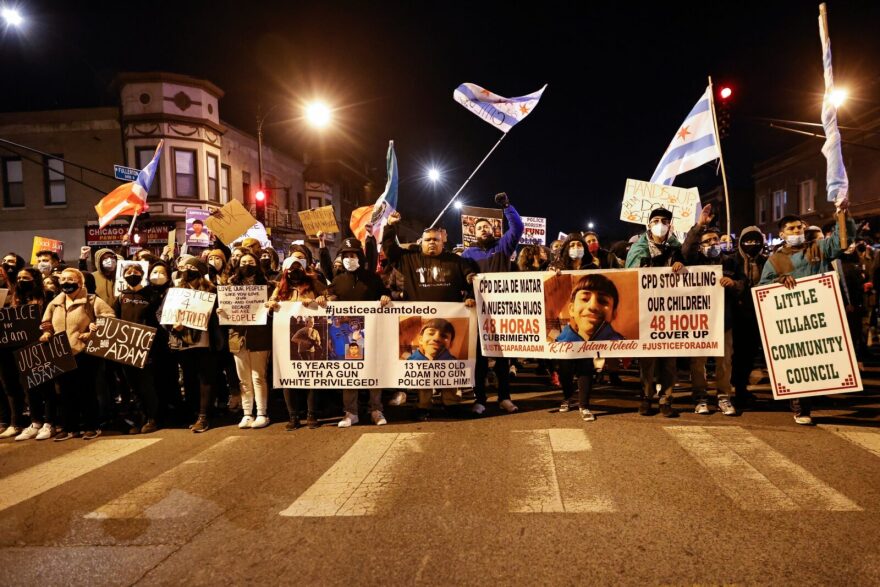 Protesters march through Logan Square neighborhood during a rally in Chicago, Illinois. The rally was held to protest the killing of 13-year-old Adam Toledo by a Chicago Police officer on March 29th. The video of the fatal shooting was released on Thursday to the general public by the Civilian Office of Police Accountability more than two weeks after the incident took place. 