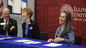 Ani Yazedjian, right, and Sarah Diel-Hunt signed new articulation agreements Tuesday.