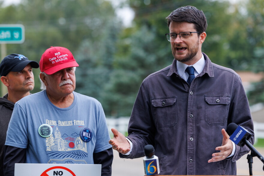 Democratic nominee for U.S. House William Lawrence speaks at a press conference in Mason, Mich., on Sept. 17, 2026.