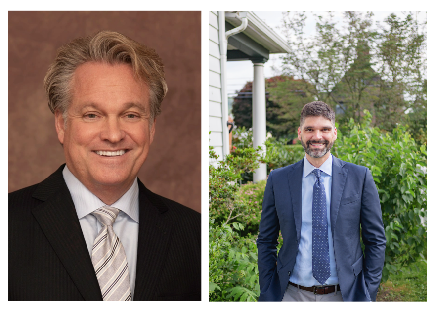 Democrats Kevin Stocker (left) and Aaron Gies (right) announced campaigns to challenge incumbent Republican Nick Langworthy for the congressional seat in New York's 23rd Congressional District in the 2026 midterms.