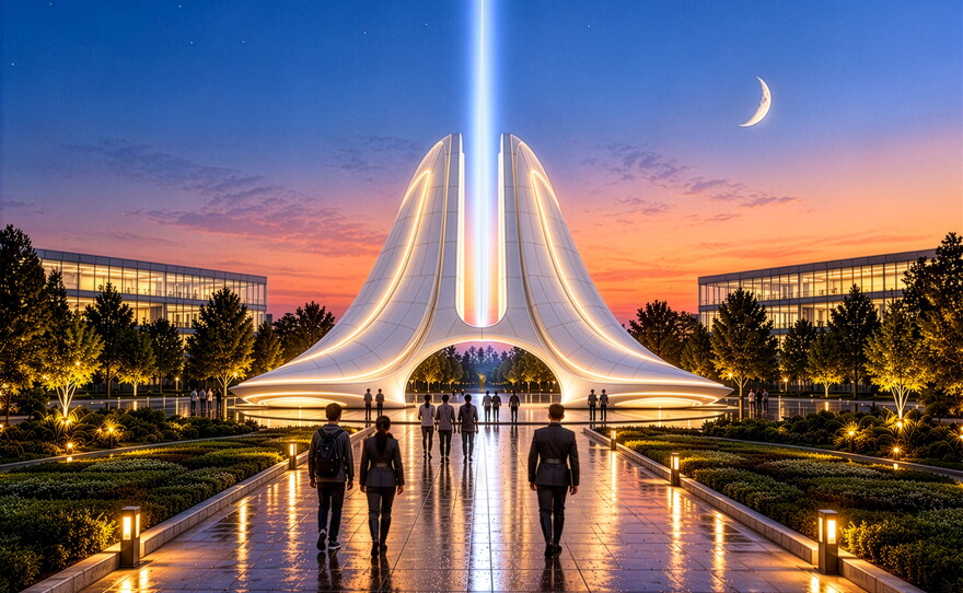 A rendering shows a large triangular tower with a bright beam of light coming out of the middle of it.