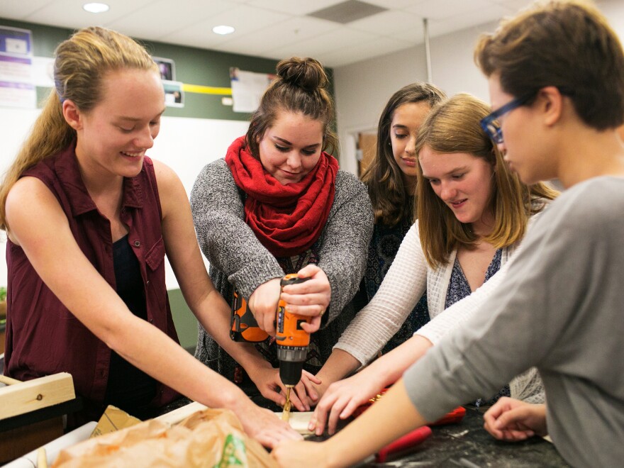 (Top) A group of girls works on a project in physical science class at the Global Impact STEM Academy in Springfield. (Left) Hayley Milliron wants to go into engineering or animal science after high school. (Right) Joey Durham and Jada Keplinger, both sophomores, build a gravity xylophone in advanced physical science class.