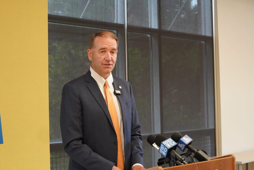 Oregon Secretary of State Tobias Read speaks at a press conference at Portland Community College on Monday, July 20, 2026. He recently urged Oregon voters to work to check the validity of their election-related mail.