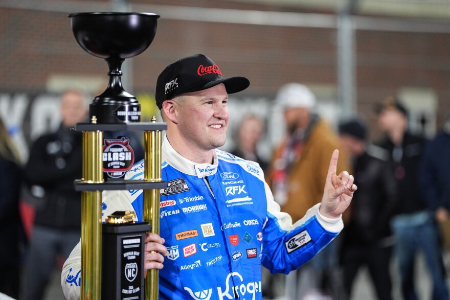 Ryan Preece celebrates in Victory Lane after winning NASCAR's The Clash preseason auto race, Wednesday, Feb. 4, 2026, in Winston-Salem, N.C.