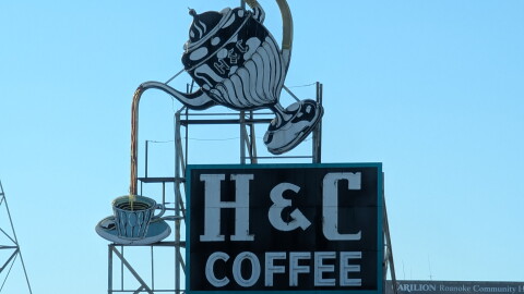 The H and C Coffee sign in downtown Roanoke on Oct. 30, 2026