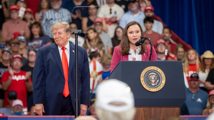 Republican U.S. Sen. Ashley Moody speaks at a rally with President Donald Trump in Daytona Beach on Friday, Oct. 30, 2026.