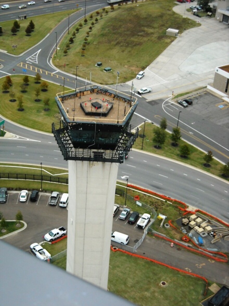 The roof of the old FAA tower at Memphis International Airport as seen from a catwalk near (but not at) the top of the new tower.