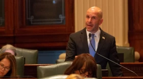 Rep. Bob Morgan, D-Deerfield, speaks on the House floor in April 2024. Morgan sponsored a measure to ban junk fees in Illinois.