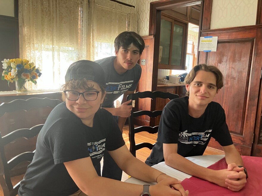 Fresh Films students Kel Lawson, left, Edwin Nova, and Gavin Zimmerman at the First Lutheran Church Parish House, Rock Island, on July 14, 2026.