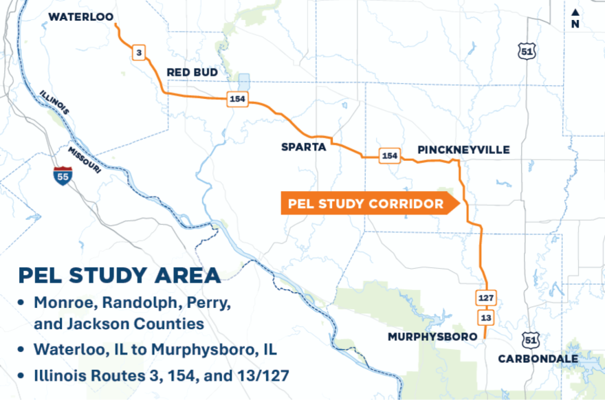 The goal of the study will be to identify potential transportation improvements along Illinois 3, Illinois 154, and Illinois 13/127 from the city of Waterloo to the city of Murphysboro.