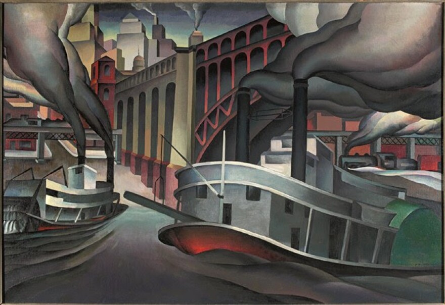 painting of dynamic tugs at Eads Bridge