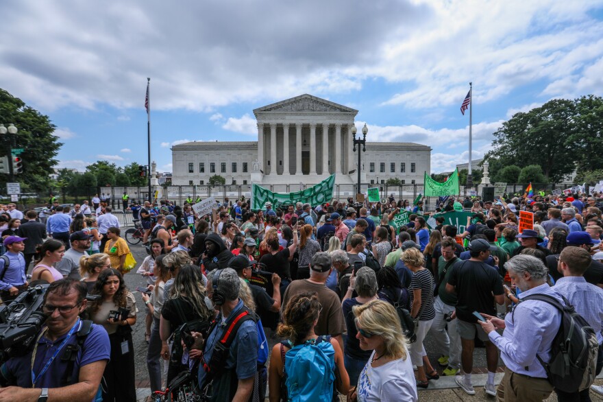 Abortion rights demonstrators hold signs outside the Supreme Court in Washington, D.C., on Friday.