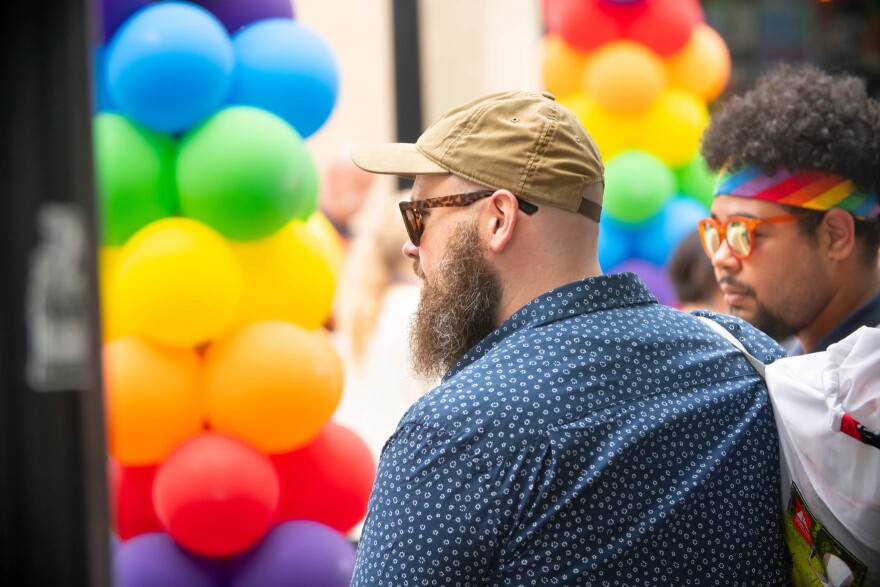 River City Pride Parade attendees near the balloon arch downtown, June 7 2025.