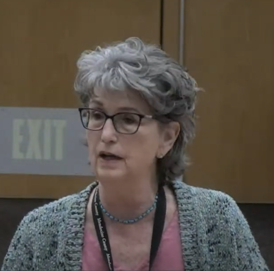 A woman in a blue sweater speaks.