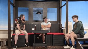 Alex Richardson, left, plays Richard Dreyfuss, Brad Hauskins is Robert Shaw and Chase Austin is Roy Scheider in Black Box Theatre's new production of "The Shark is Broken."