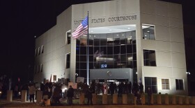 Protesters gather at the Federal Courthouse in Springfield, Mo. on January 8, 2026, to protest the killing of Renee Good.
