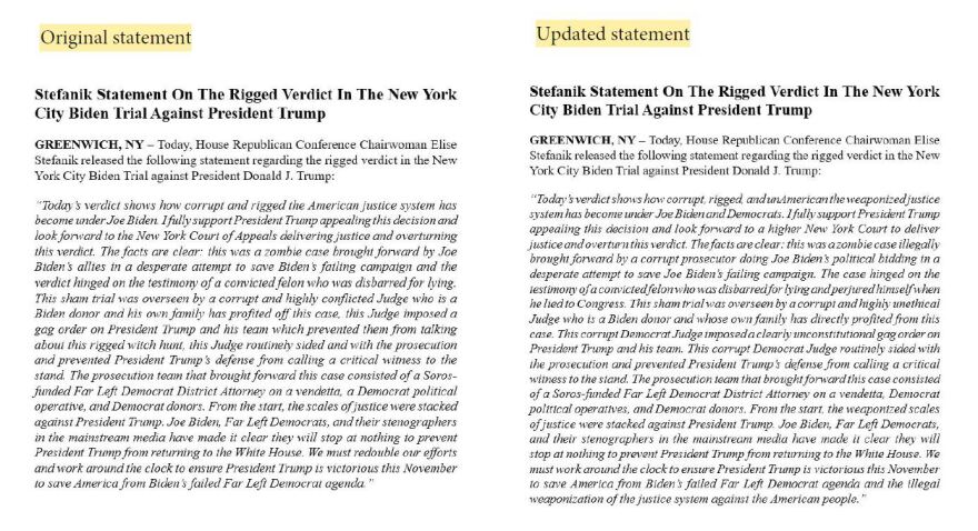 The original statement released by Rep. Elise Stefanik's campaign (left) and the updated statement (right).