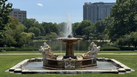 The “Fountain of the Waters’’ in the Cleveland Museum of Art’s Fine Arts Garden presides over a skyline view in Cleveland’s University Circle.