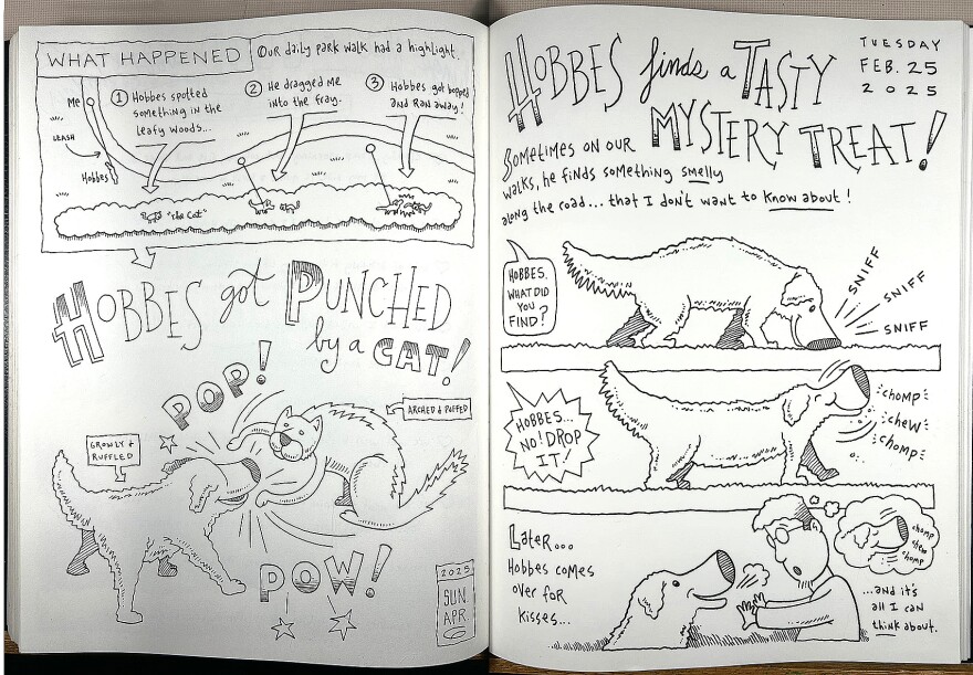 Two pages from earlier this year show adventures while walking with his golden retriever Hobbes.