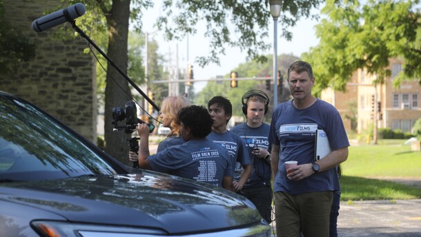 Fresh Films director Estlin Feigley (right) with students from Las Vegas and Georgia shooting a new streaming series this month in Rock Island.