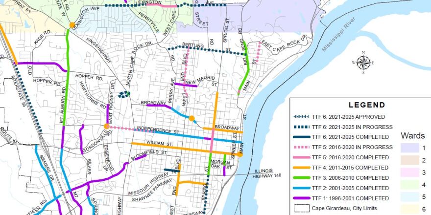 The map from the City of Cape Girardeau Transportation Trust Fund page shows completed projects, ongoing repairs, and upcoming repairs and projects within the city limits.