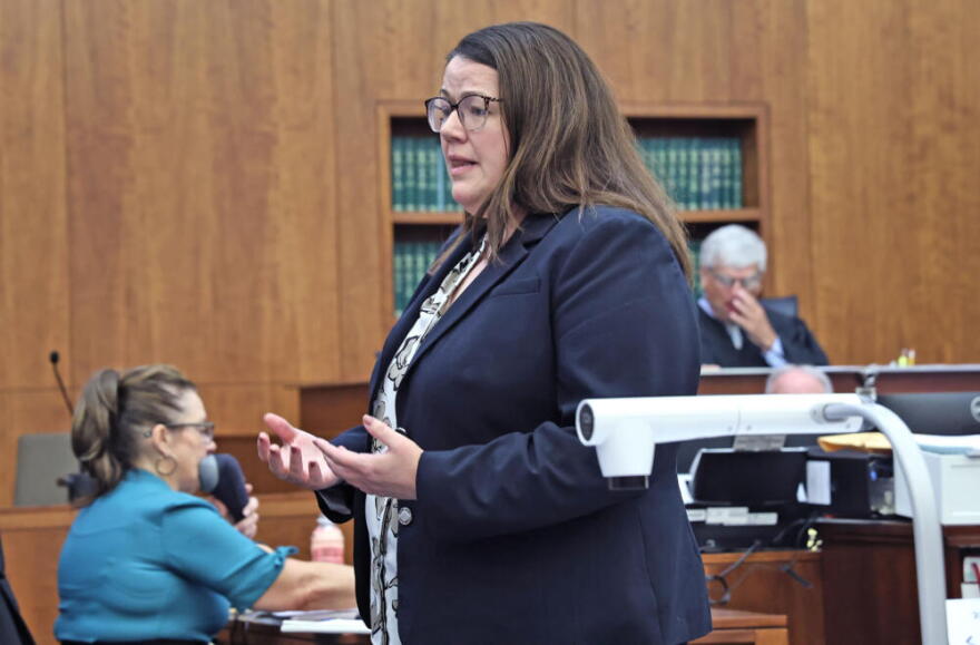Assistant DA Jennifer Sprague makes her closing arguments for the jury asking them to find Clancy guilty during Clancy's murder trial at Plymouth Superior Court in Plymouth, Mass., on Aug. 27. (Greg Derr/The Patriot Ledger via AP, Pool)