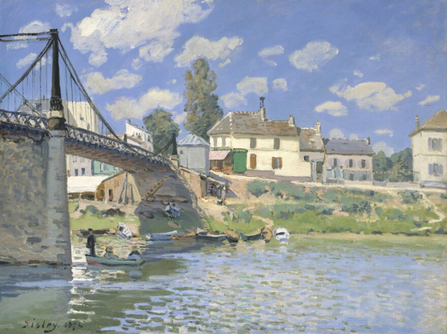 Durand-Ruel was unique in that he would buy out an artist's studio right at the outset. He bought 29 of Alfred Sisley's paintings in the very first year that he met him. Above, Sisley's 1872 <em>The Bridge at Villeneuve-la-Garenne.</em>