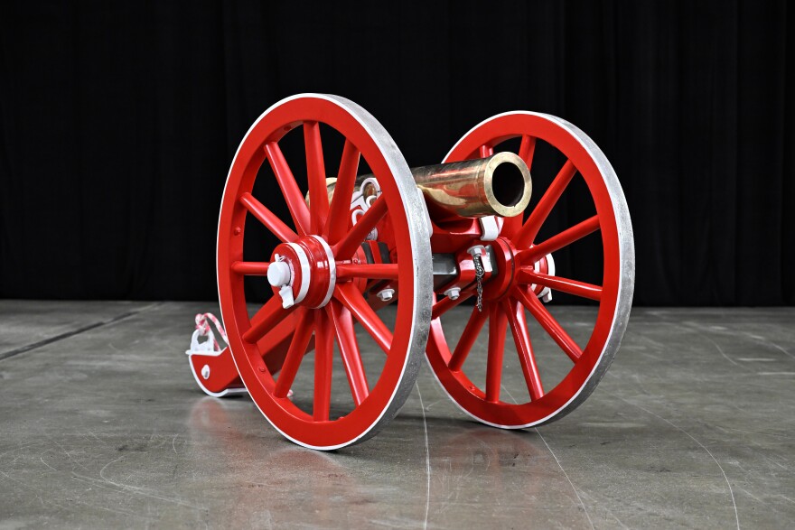 The Fremont Cannon, the trophy awarded to the winner of the Battle for Nevada, is seen before an NCAA college football game between UNLV and Nevada Saturday, Nov. 30, 2024, in Las Vegas. (AP Photo/David Becker)