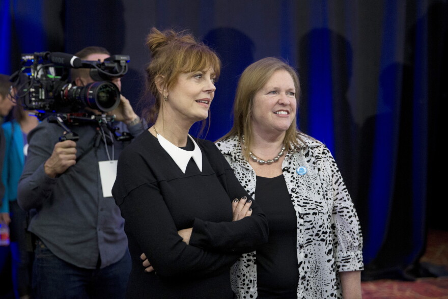 Actress Susan Sarandon, left, and Jane Sanders, wife of Democratic presidential candidate Sen. Bernie Sanders (I-Vt.), at a dinner in Las Vegas, Thursday, Feb. 18, 2016.