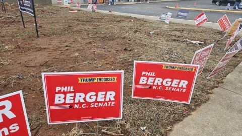 Signs for Sen. Phil Berger's campaign lined a walkway leading to the Reidsville early voting site in Rockingham County.