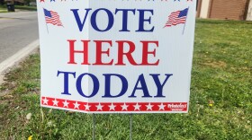 A Vote Here Today sign in Springfield, Mo. on April 7, 2026.