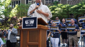 U.S. Senate candidate John Fetterman speaks to a gathering of steelworkers on August 23, 2022.