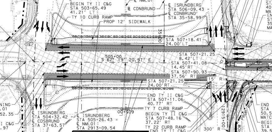 North is up in this technical schematic of the intersection at I-35 and Rundberg Lane. Twelve-foot-side sidewalks run east west under I-35 as part of the plan.