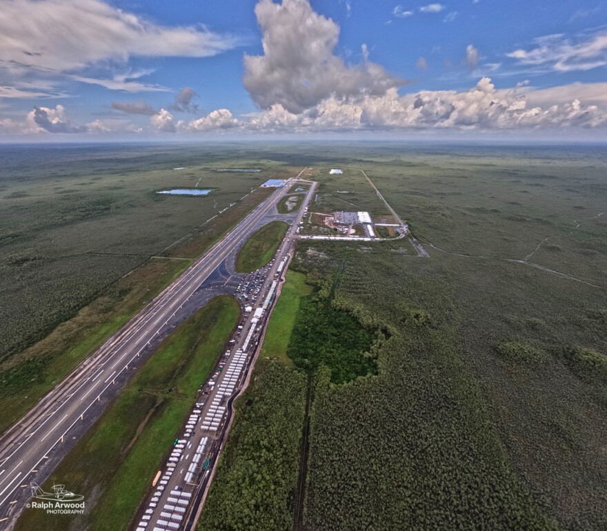 Aerial image of the Everglades detention center known as Alligator Alcatraz.