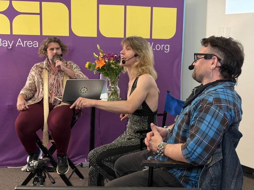 Sara Corbett and Aaron Haldiman speaking as panelists during the "Pollinating the Possible" program at KALW'S Studio Event Space.