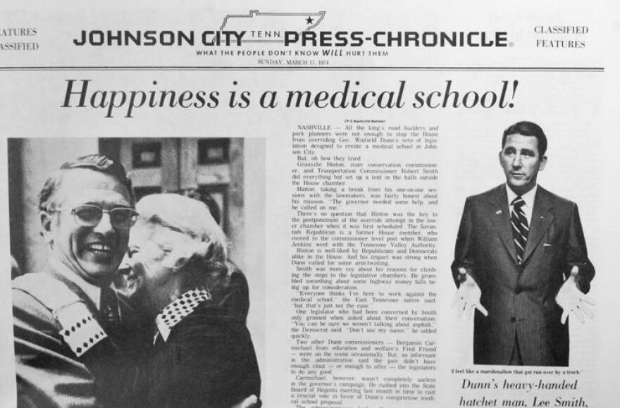 Johnson City Press-Chronicle page featuring "Happiness is a medical school!" article
