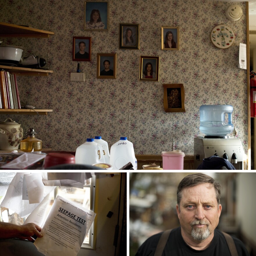 James Ware (lower right), a 17-year resident of Syringa Mobile Home Park, has been documenting the chronic problems there for years. In the past, drinking water was deemed unsafe. The owners have since repaired the well water system but Ware still refuses to drink it, consuming store-bought water instead.