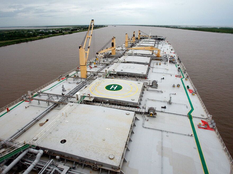 The deck of the A Whale skimmer, a vessel some 350 yards long, is seen from its bridge while anchored on the Mississippi River in Boothville, La., Wednesday.