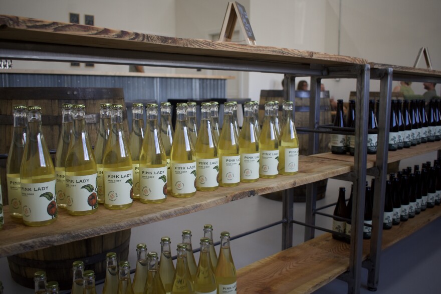 Bottled cider on display at Hobbled Dog Cidery in Logan during the business’s soft opening on Friday, June 20, 2025.